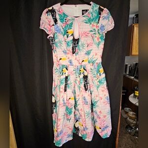 Hell Bunny Womens Small UK 10 Toucan Tropical Print Keyhole Retro Swing Dress